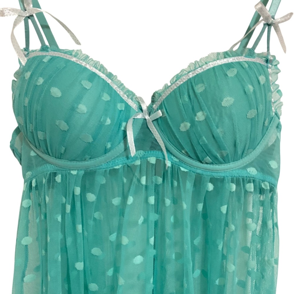 Babydoll Pastel Goth Chemise Soft Girl Womens L Teal Polka Dot Mesh Ruffle Bows - Picture 3 of 7